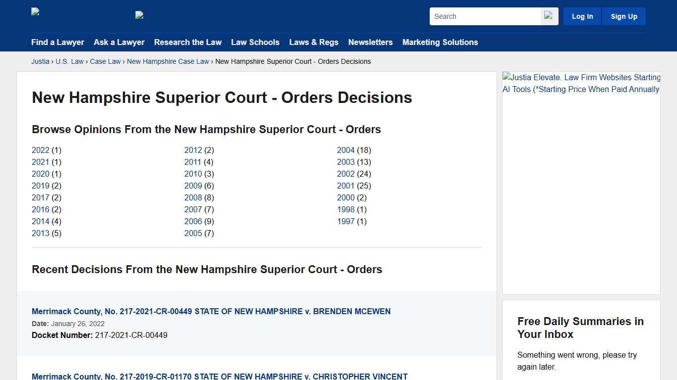 New Hampshire Superior Court - Orders Decisions :: New Hampshire Case Law :: New Hampshire Law :: U.S. Law :: Justia