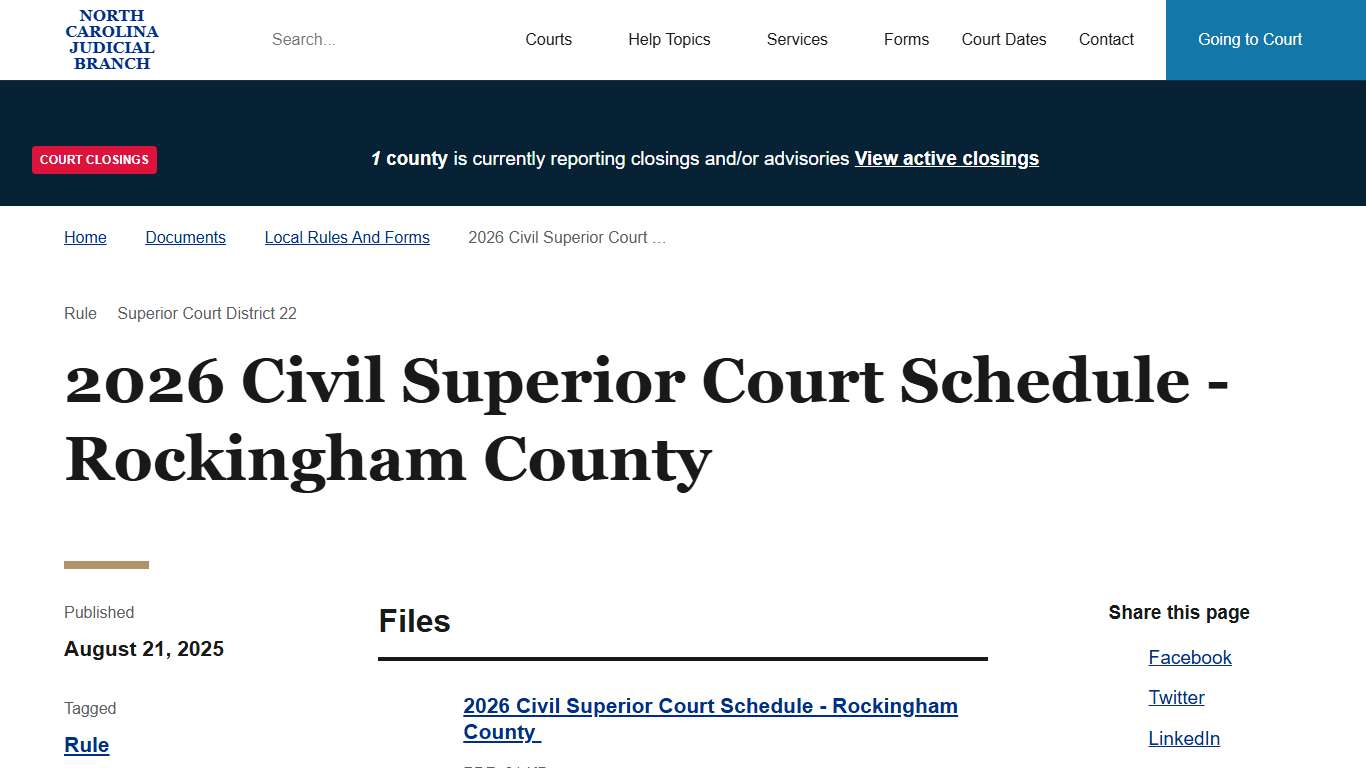 2026 Civil Superior Court Schedule - Rockingham County | North Carolina Judicial Branch